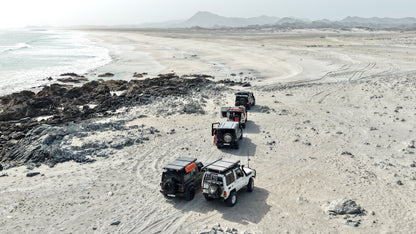 Row of off-road vehicles on a desert landscape with mountains in the background