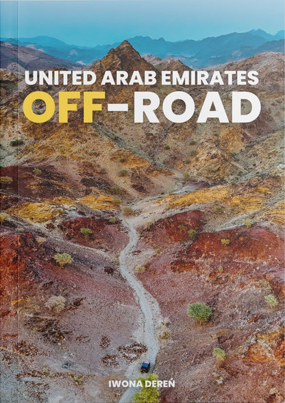 Cover of the UAE Off-Road E-Guide featuring desert dunes and mountains, a digital guidebook with 12 off-road trails, maps, and camping spots across the Emirates.
