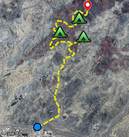 Off-road trail map with marked route and camping locations across rocky UAE terrain.