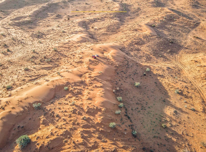 Aerial view of golden sand dunes with a 4x4 vehicle driving through the Empty Quarter desert of the UAE.